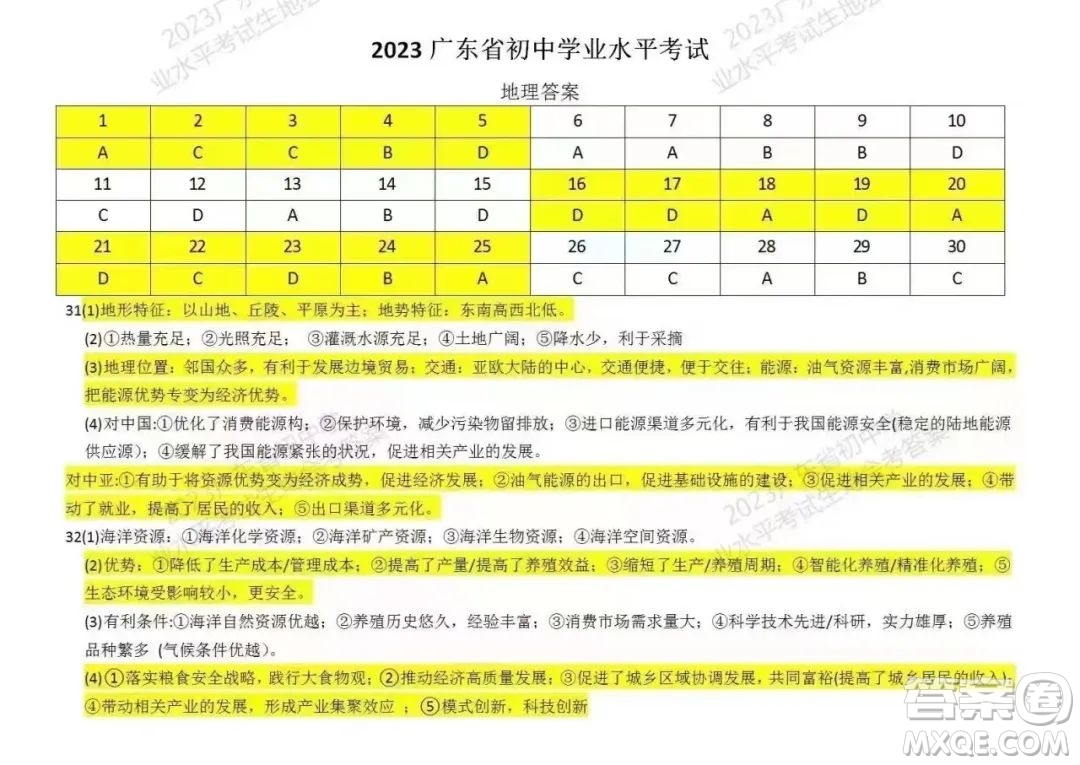 2023廣東中考地理真題答案