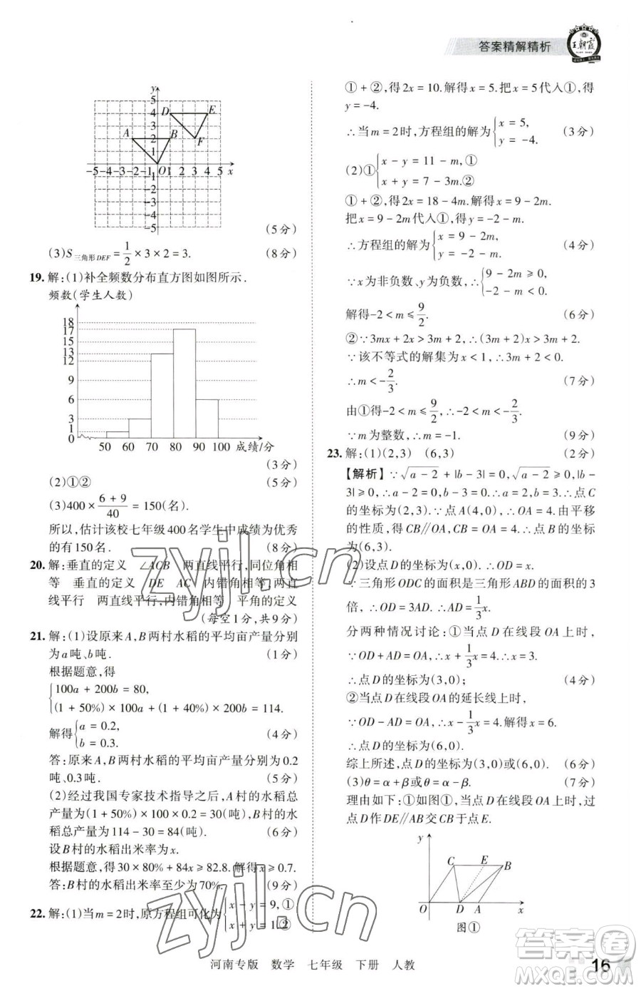 江西人民出版社2023王朝霞各地期末試卷精選七年級下冊數(shù)學(xué)人教版河南專版參考答案