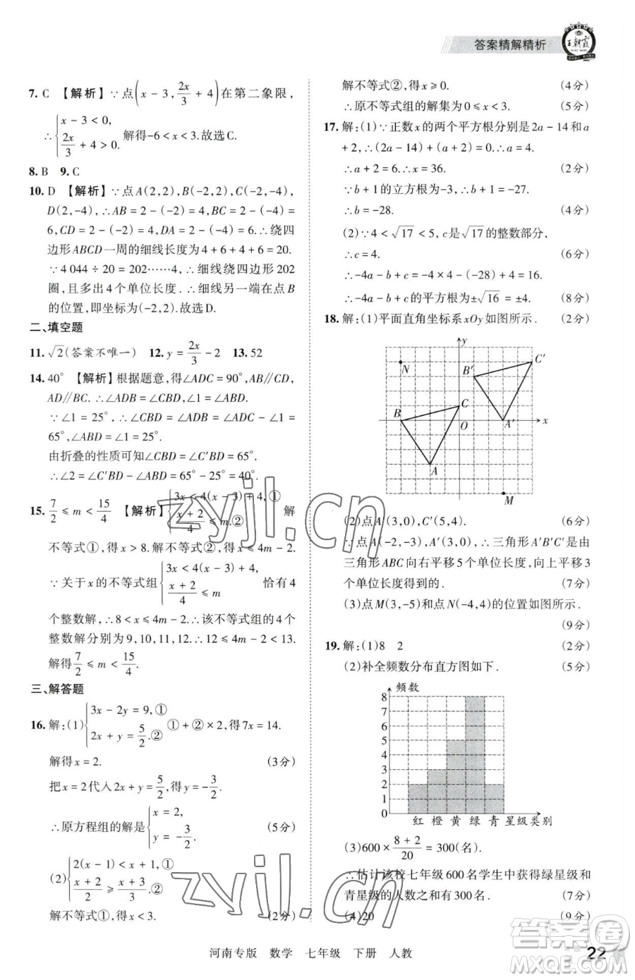 江西人民出版社2023王朝霞各地期末試卷精選七年級下冊數(shù)學(xué)人教版河南專版參考答案