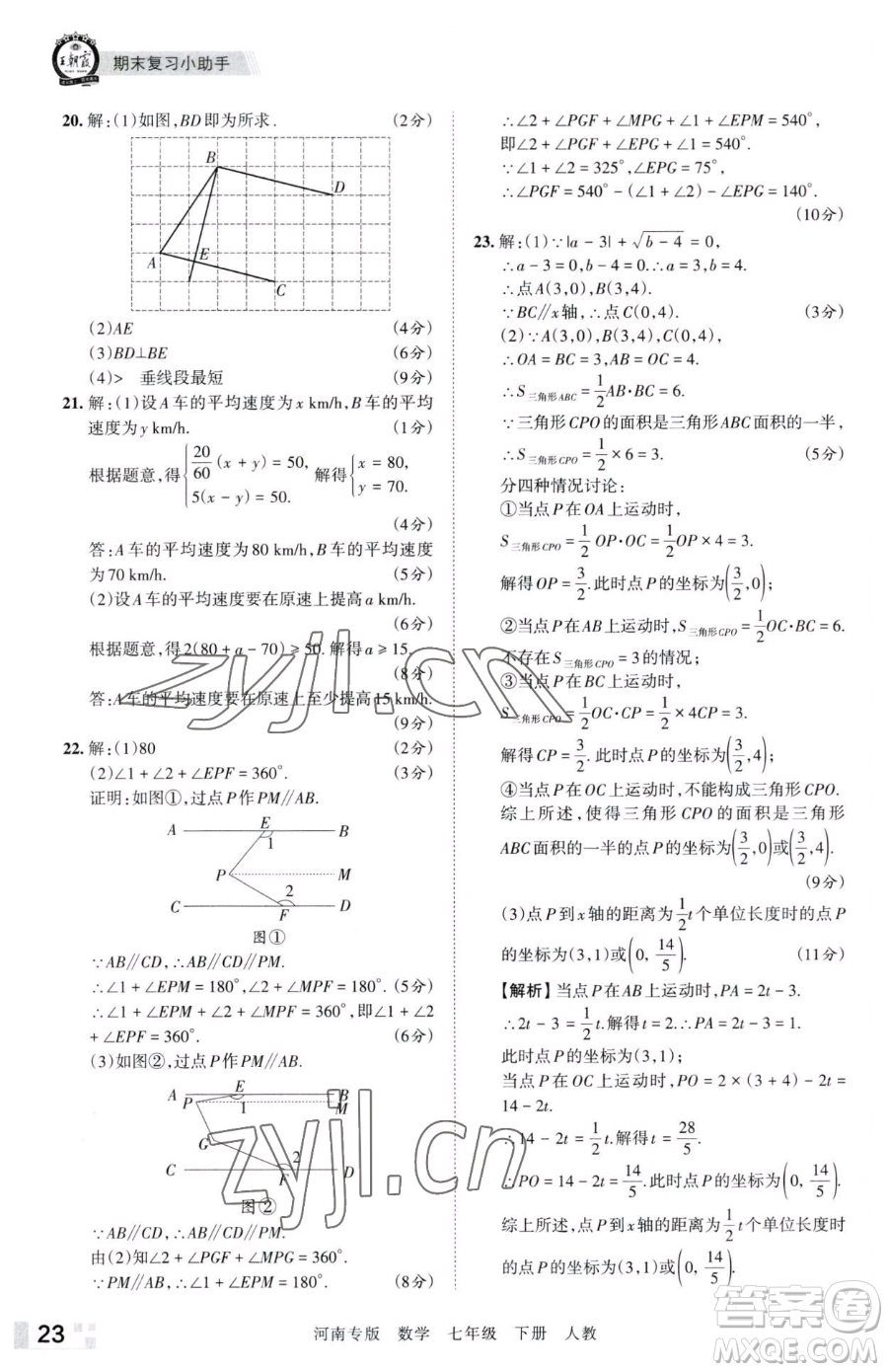 江西人民出版社2023王朝霞各地期末試卷精選七年級下冊數(shù)學(xué)人教版河南專版參考答案