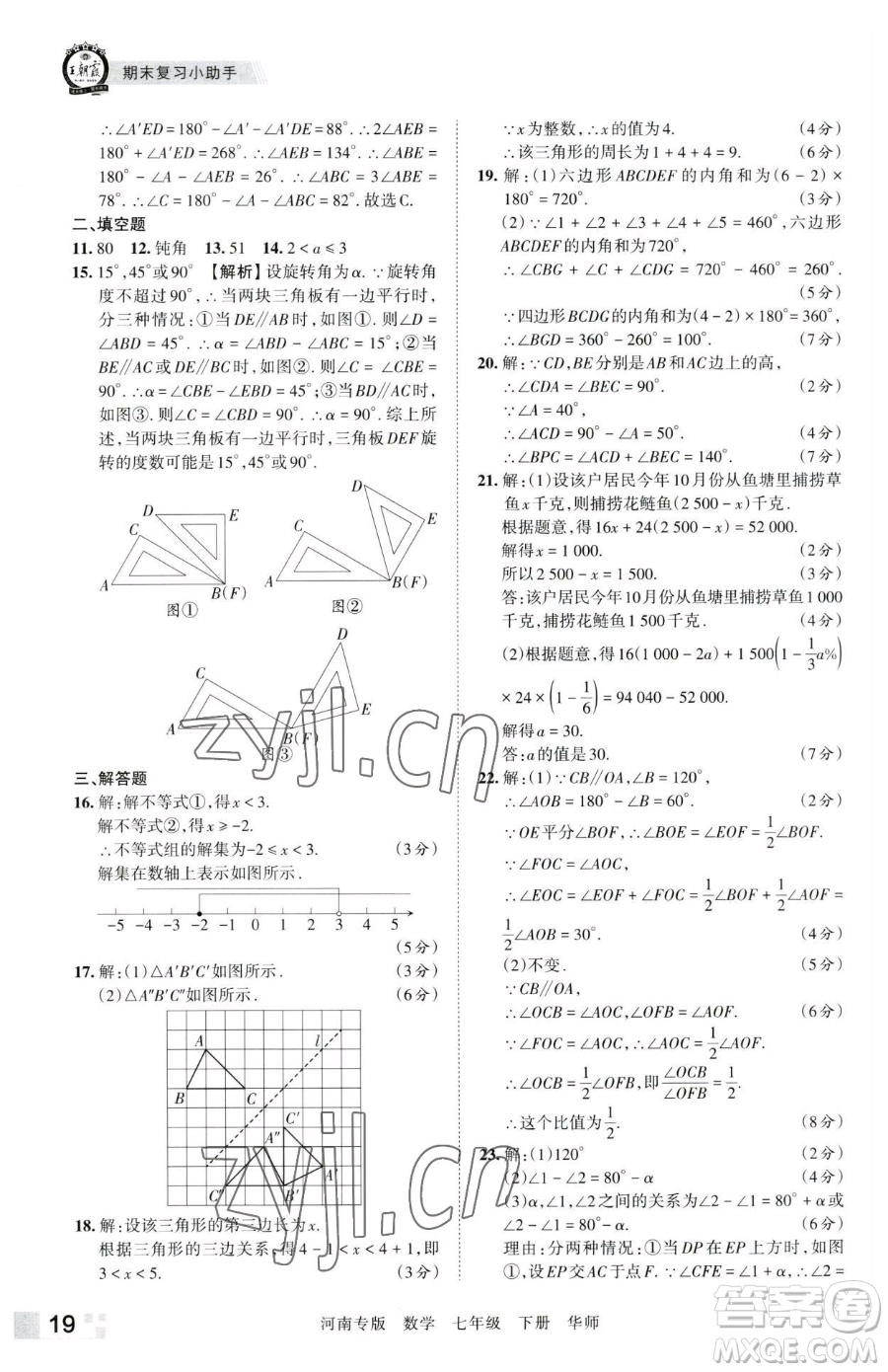 江西人民出版社2023王朝霞各地期末試卷精選七年級下冊數(shù)學(xué)華師大版南專版參考答案