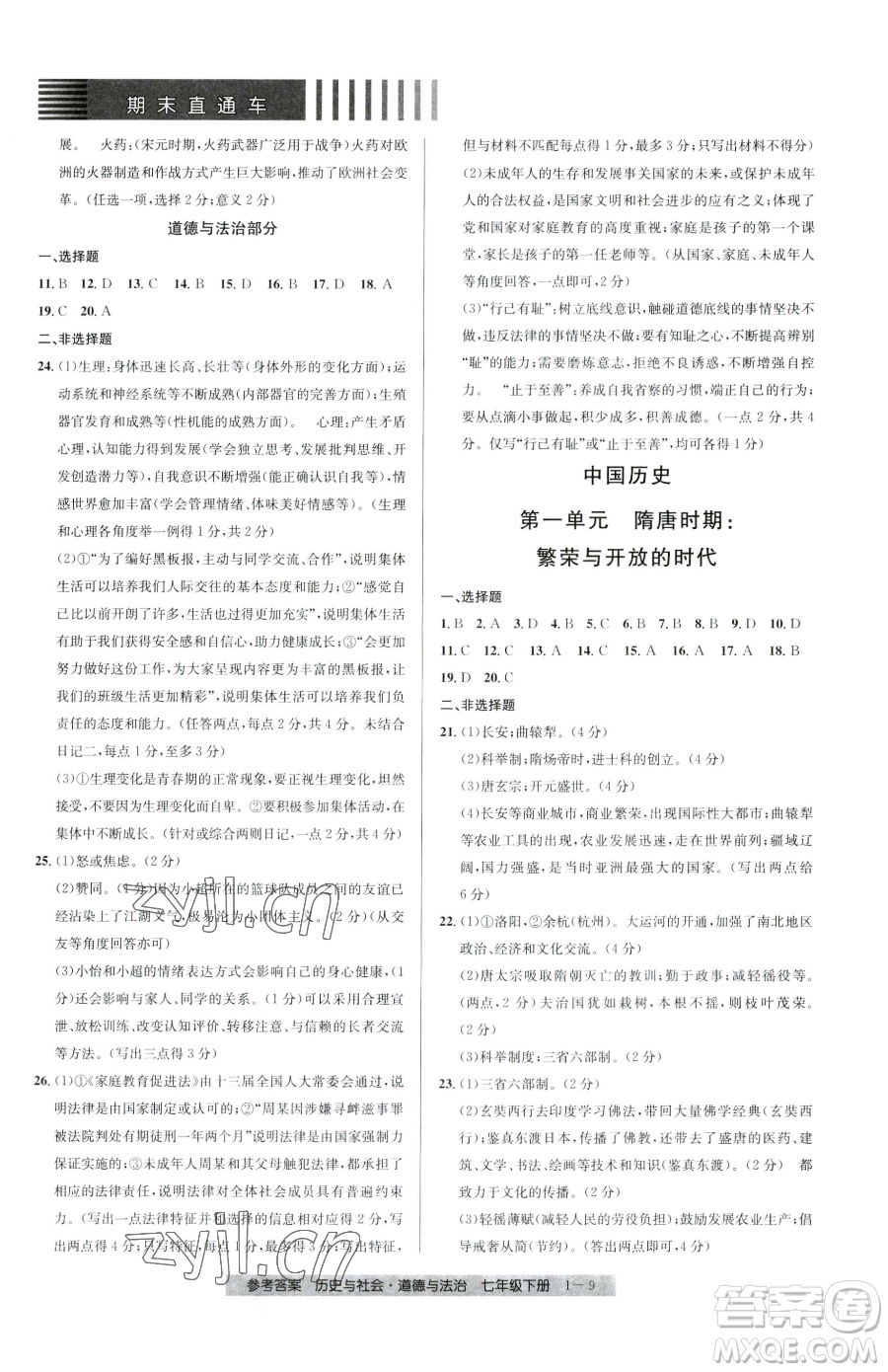 寧波出版社2023期末直通車七年級(jí)下冊(cè)道德與法治人教版參考答案