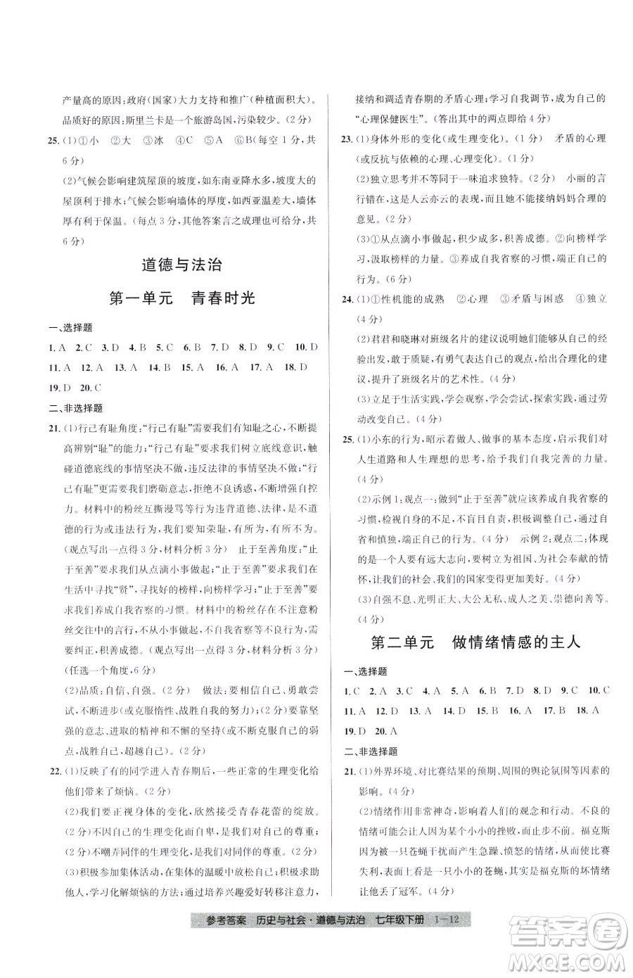 寧波出版社2023期末直通車七年級(jí)下冊(cè)道德與法治人教版參考答案