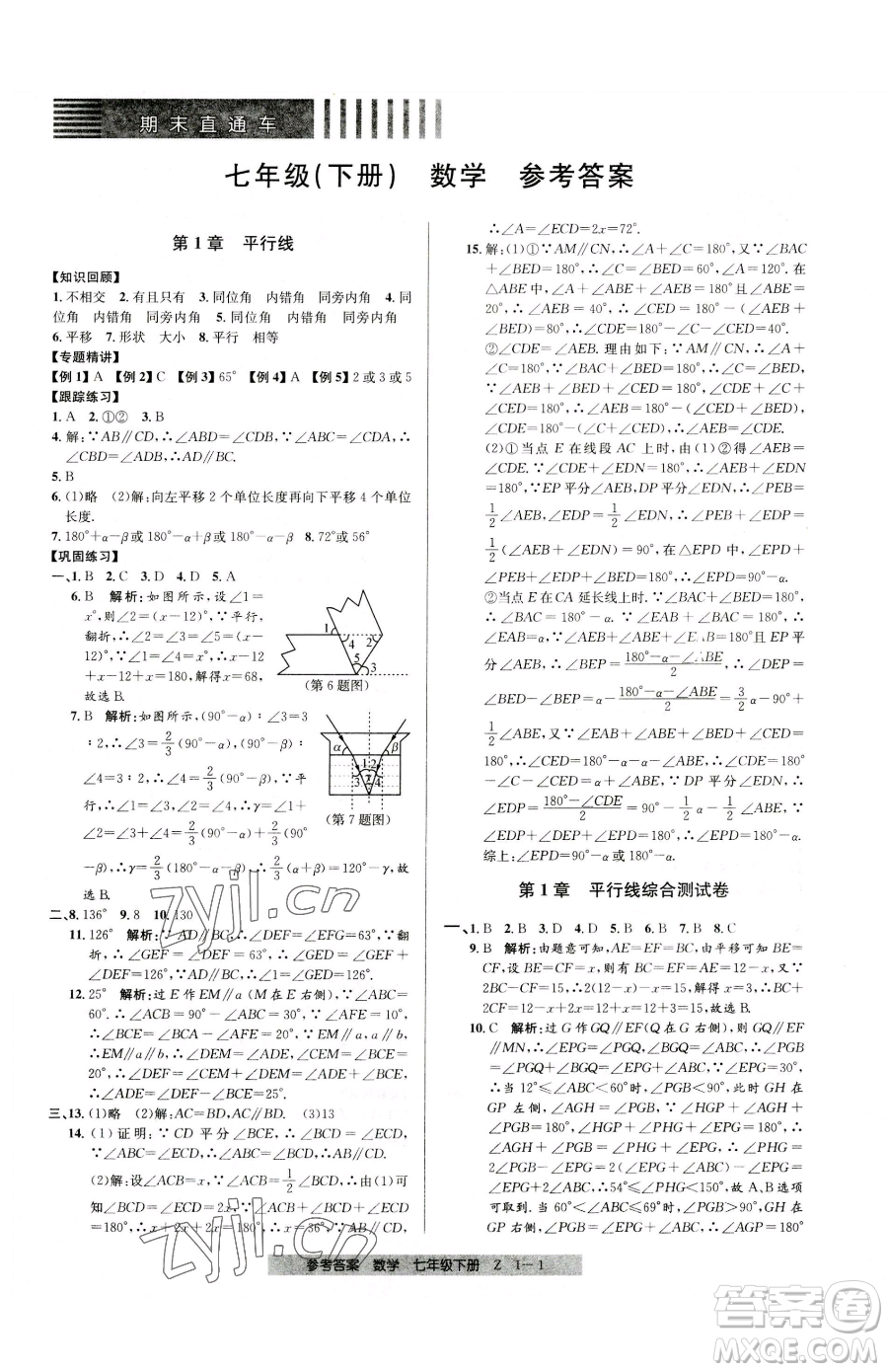 寧波出版社2023期末直通車七年級(jí)下冊(cè)數(shù)學(xué)浙教版參考答案