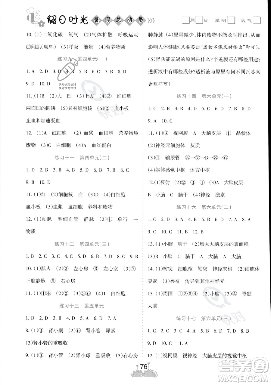 陽光出版社2023假日時光暑假總動員七年級生物通用版參考答案