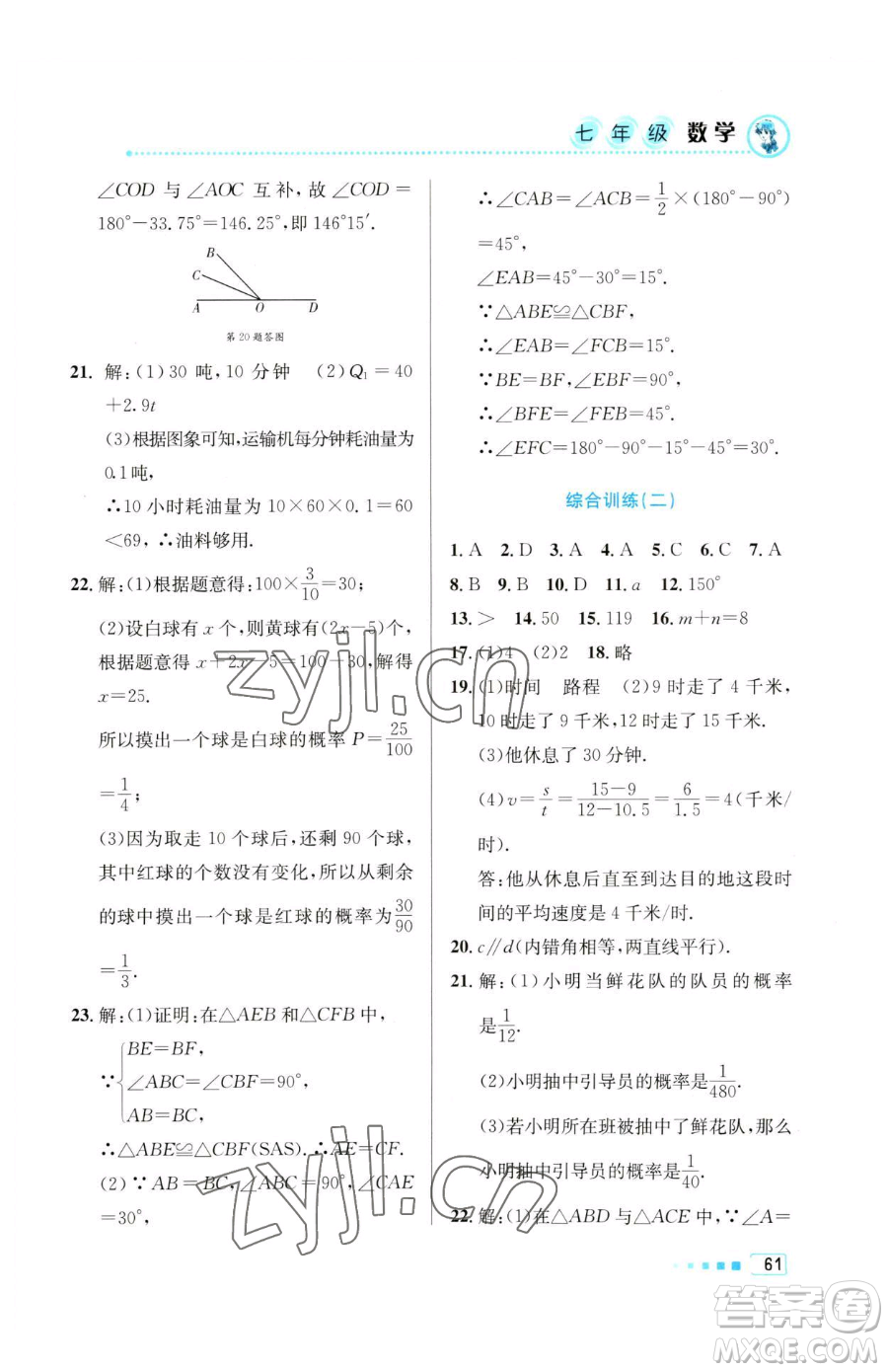 北京教育出版社2023暑假作業(yè)七年級數學人教版參考答案