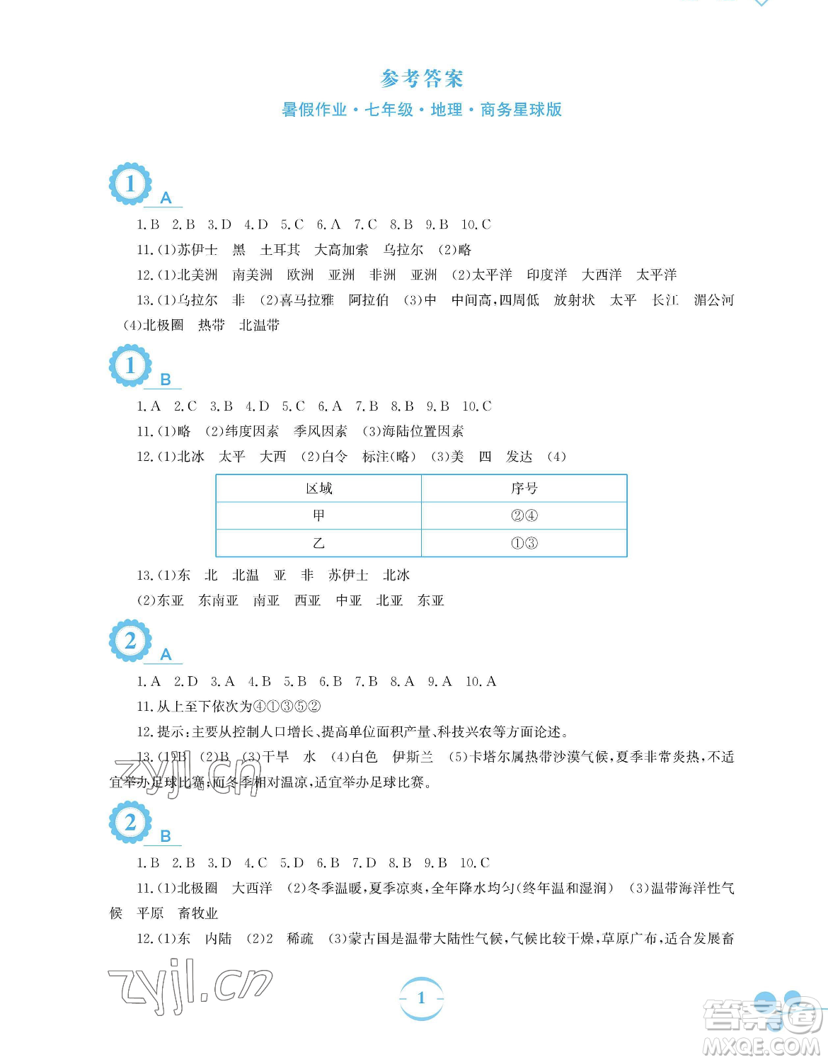 安徽教育出版社2023暑假作業(yè)七年級地理商務(wù)星球版參考答案