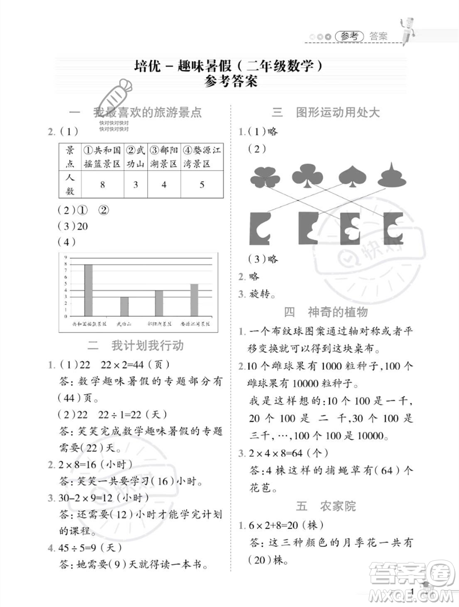 江西科學技術出版社2023培優(yōu)趣味暑假二年級數(shù)學通用版參考答案