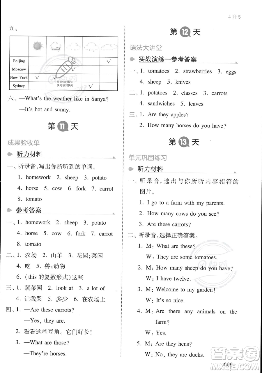 湖南教育出版社2023一本暑假銜接四年級英語人教PEP版參考答案