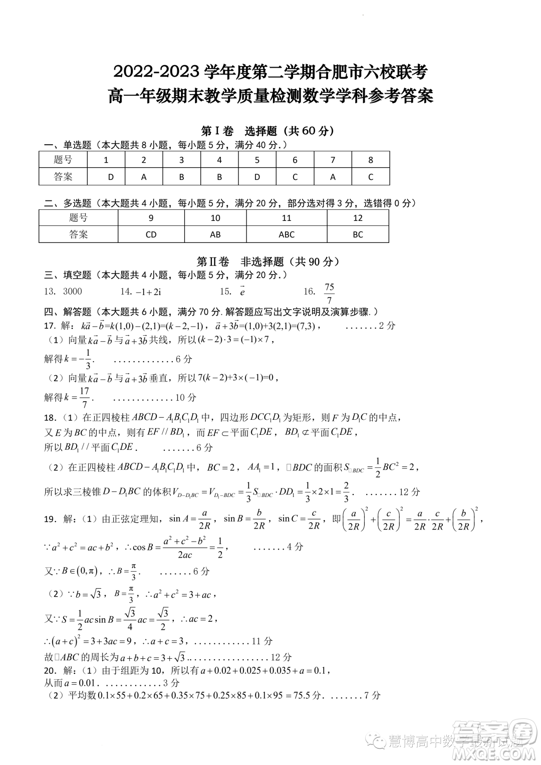 合肥六校聯(lián)考2022-2023學(xué)年高一下學(xué)期期末教學(xué)質(zhì)量檢測(cè)數(shù)學(xué)試卷答案