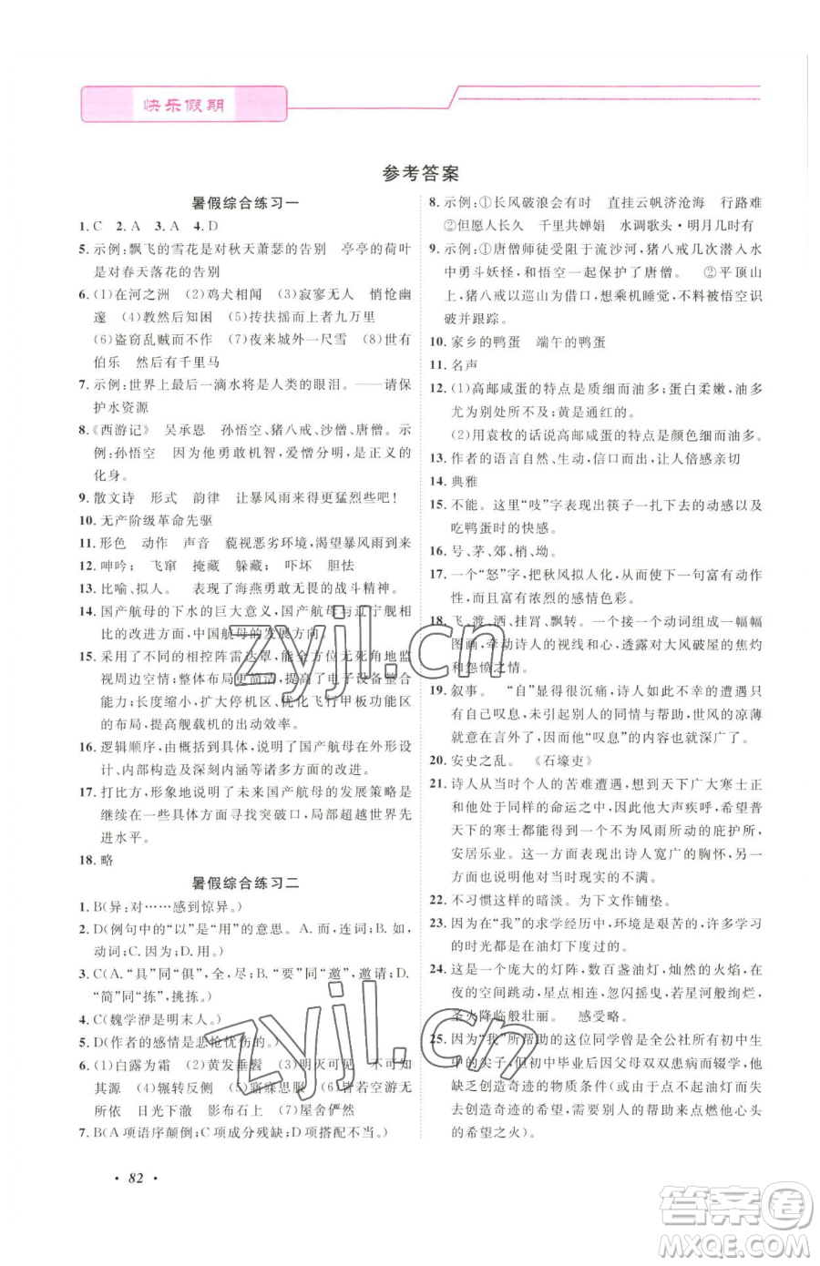 寧波出版社2023快樂(lè)假期暑假作業(yè)八年級(jí)合訂本通用版參考答案