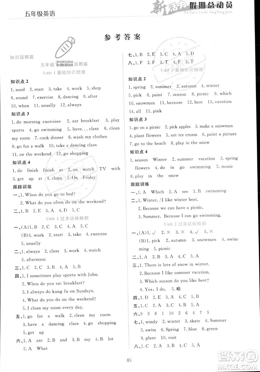 甘肅文化出版社2023年新活力暑假總動員五年級英語通用版答案