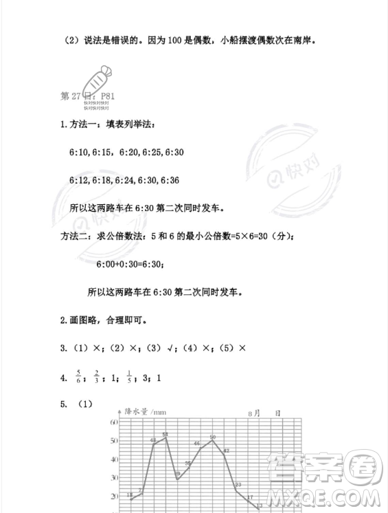 安徽少年兒童出版社2023年暑假作業(yè)五年級數(shù)學(xué)人教版答案