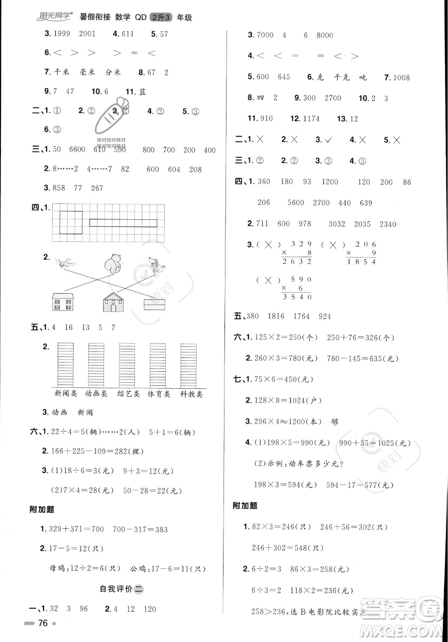 江蘇教育出版社2023年陽光同學(xué)暑假銜接2升3年級(jí)數(shù)學(xué)青島版答案