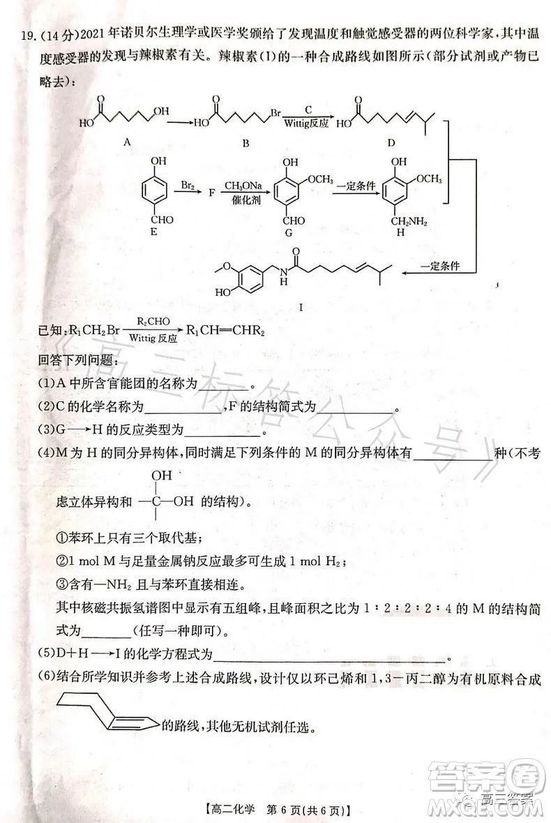 遼寧省部分高中2023高二下學(xué)期期末聯(lián)考化學(xué)試題答案