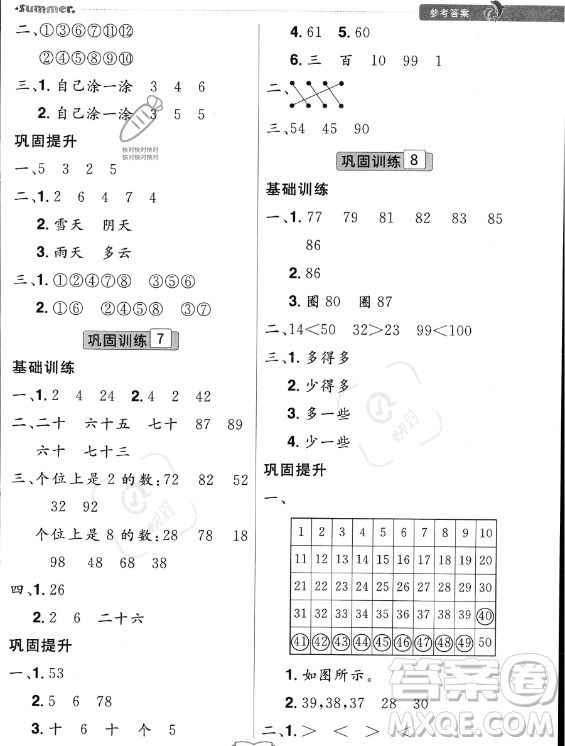 江西美術出版社2023年給力暑假一年級數學人教版答案