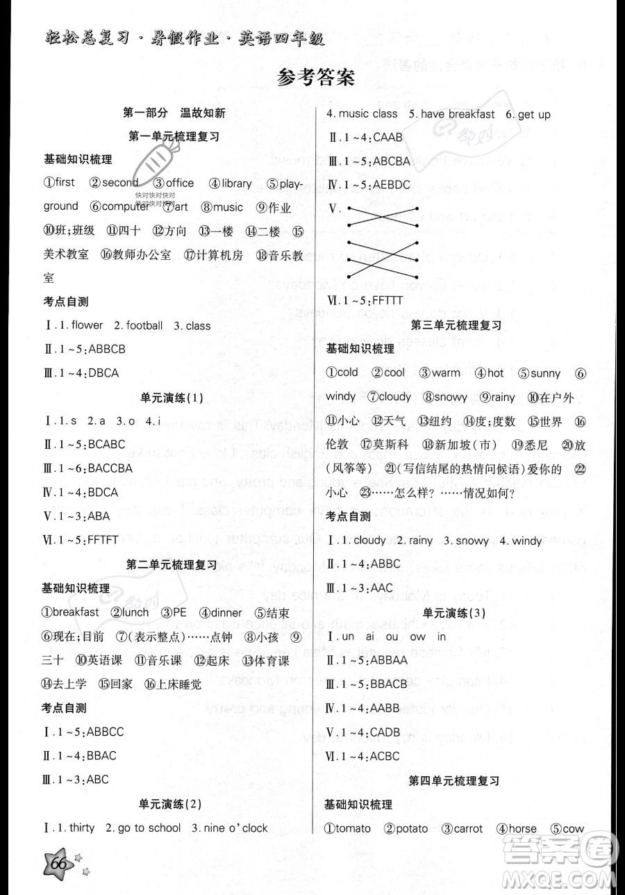 河北科學技術出版社2023年輕松總復習暑假作業(yè)四年級英語人教PEP版答案