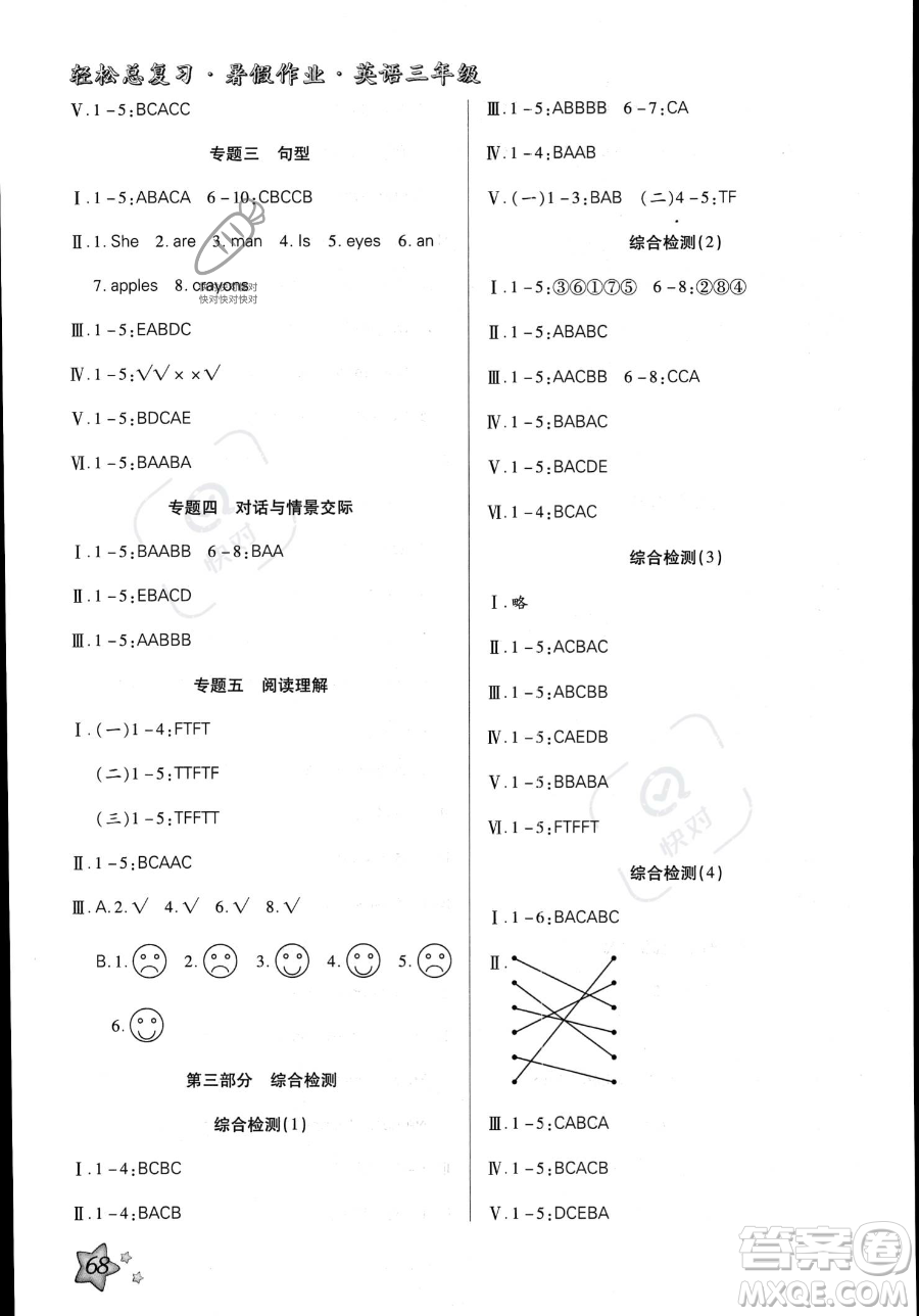 河北科學技術出版社2023年輕松總復習暑假作業(yè)三年級英語人教PEP版答案