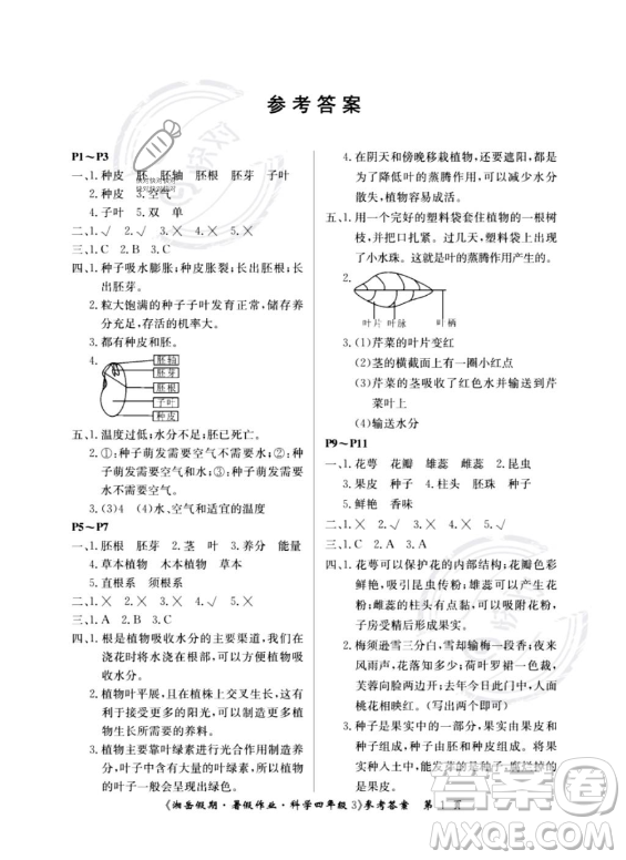 湖南大學出版社2023湘岳假期暑假作業(yè)四年級科學湘教版答案