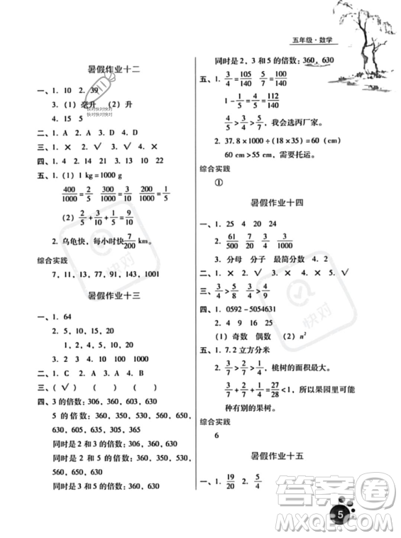 河北人民出版社2023年暑假生活五年級數學通用版答案