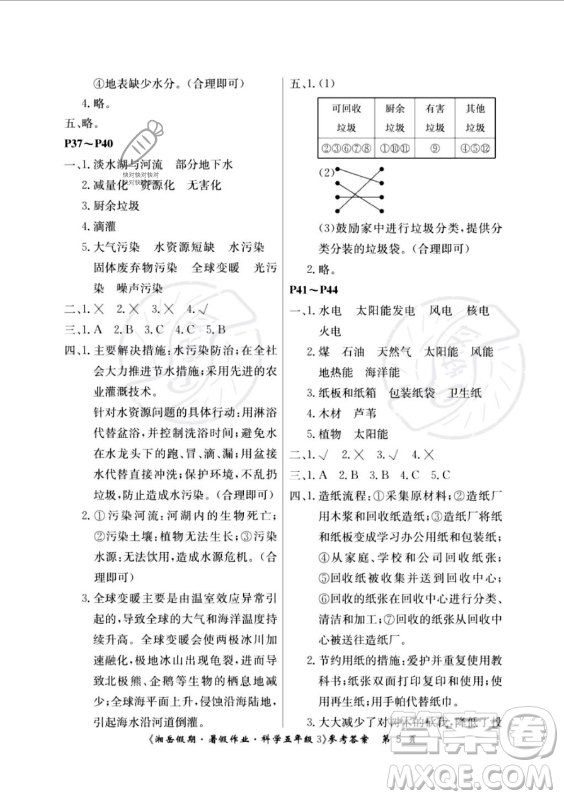 湖南大學(xué)出版社2023年湘岳假期暑假作業(yè)五年級(jí)科學(xué)教科版答案