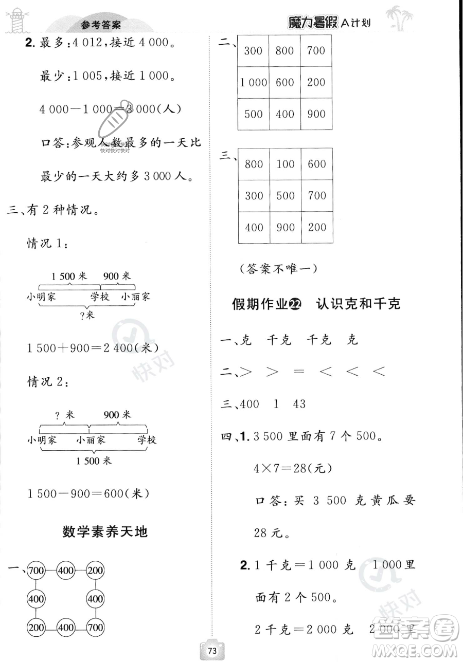 江西美術(shù)出版社2023年魔力暑假A計(jì)劃二年級(jí)數(shù)學(xué)人教版答案