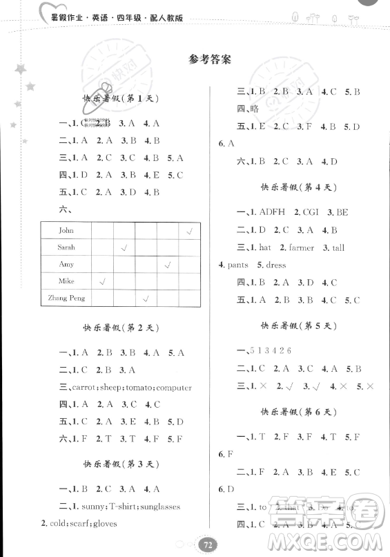 貴州人民出版社2023年暑假作業(yè)四年級英語人教版答案