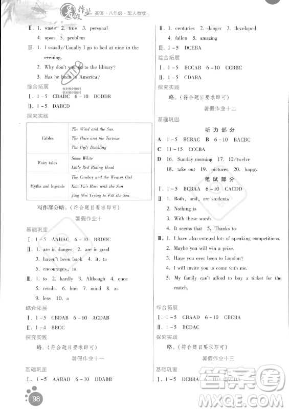 貴州人民出版社2023年暑假作業(yè)八年級英語人教版答案