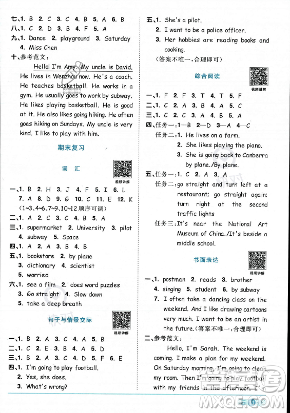 江西教育出版社2023陽光同學(xué)課時優(yōu)化作業(yè)六年級上冊英語人教PEP版答案