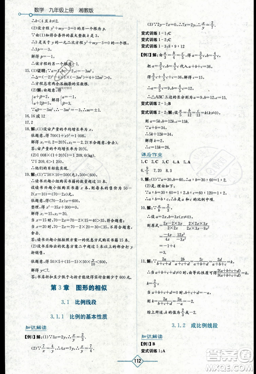 湖南教育出版社2023學(xué)法大視野九年級(jí)上冊(cè)數(shù)學(xué)湘教版答案