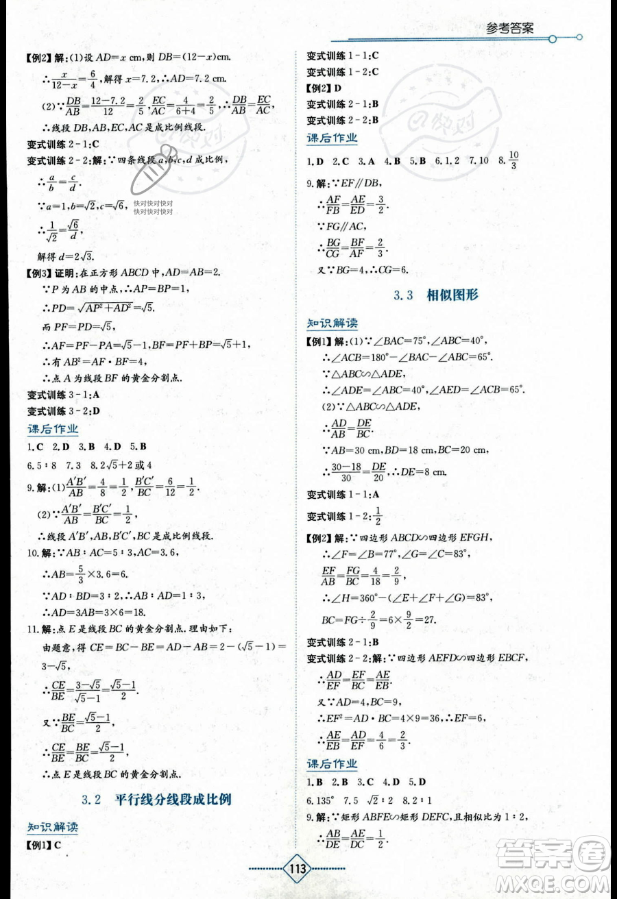 湖南教育出版社2023學(xué)法大視野九年級(jí)上冊(cè)數(shù)學(xué)湘教版答案