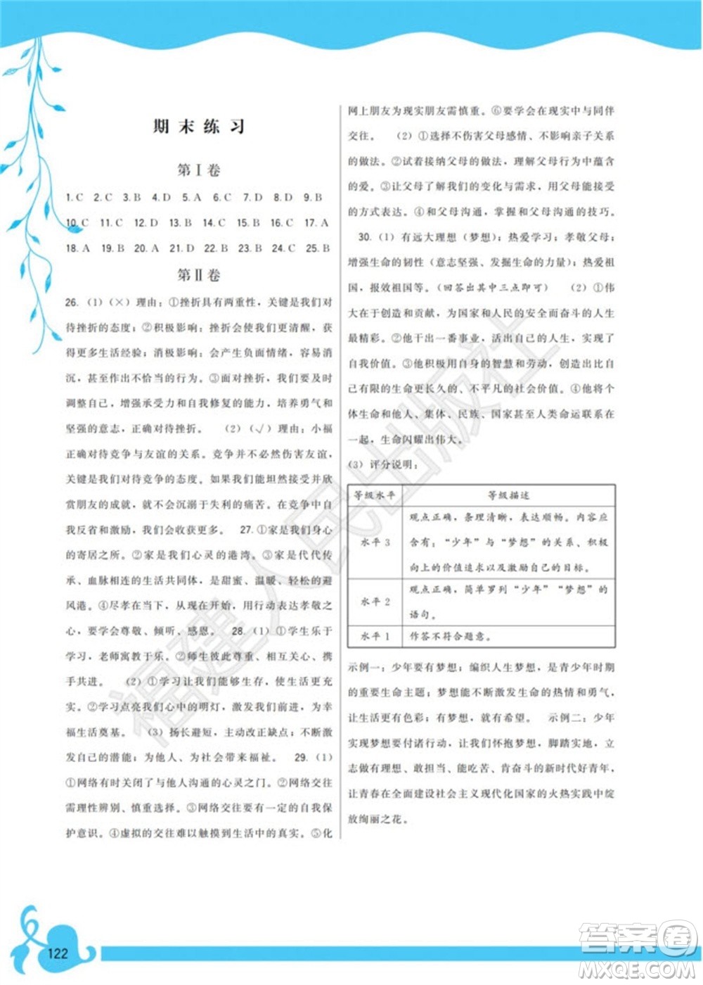 福建人民出版社2023年秋季頂尖課課練七年級(jí)道德與法治上冊(cè)人教版參考答案