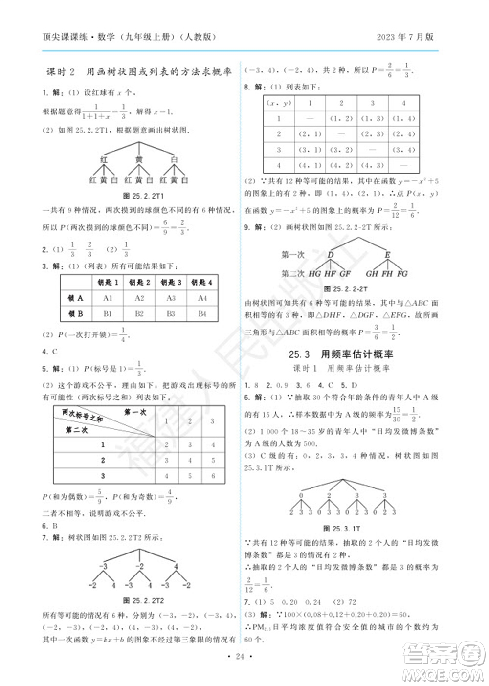 福建人民出版社2023年秋季頂尖課課練九年級(jí)數(shù)學(xué)上冊(cè)人教版參考答案