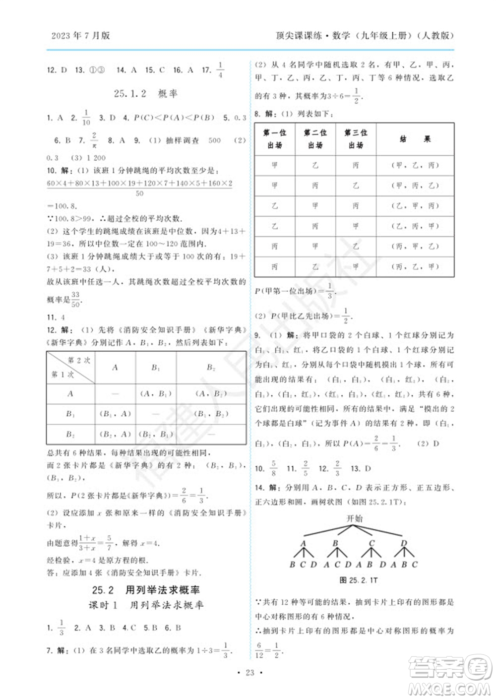 福建人民出版社2023年秋季頂尖課課練九年級(jí)數(shù)學(xué)上冊(cè)人教版參考答案