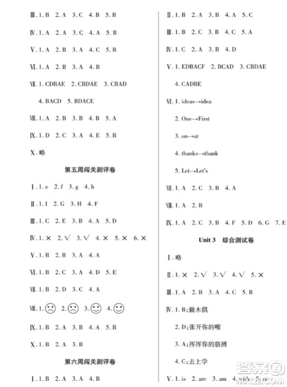 天津科學(xué)技術(shù)出版社2023年秋季狀元大考卷三年級(jí)英語上冊(cè)人教版參考答案