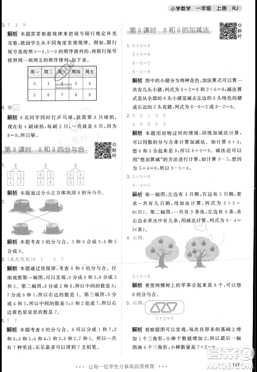 教育科學出版社2023年秋季53天天練一年級上冊數(shù)學人教版答案