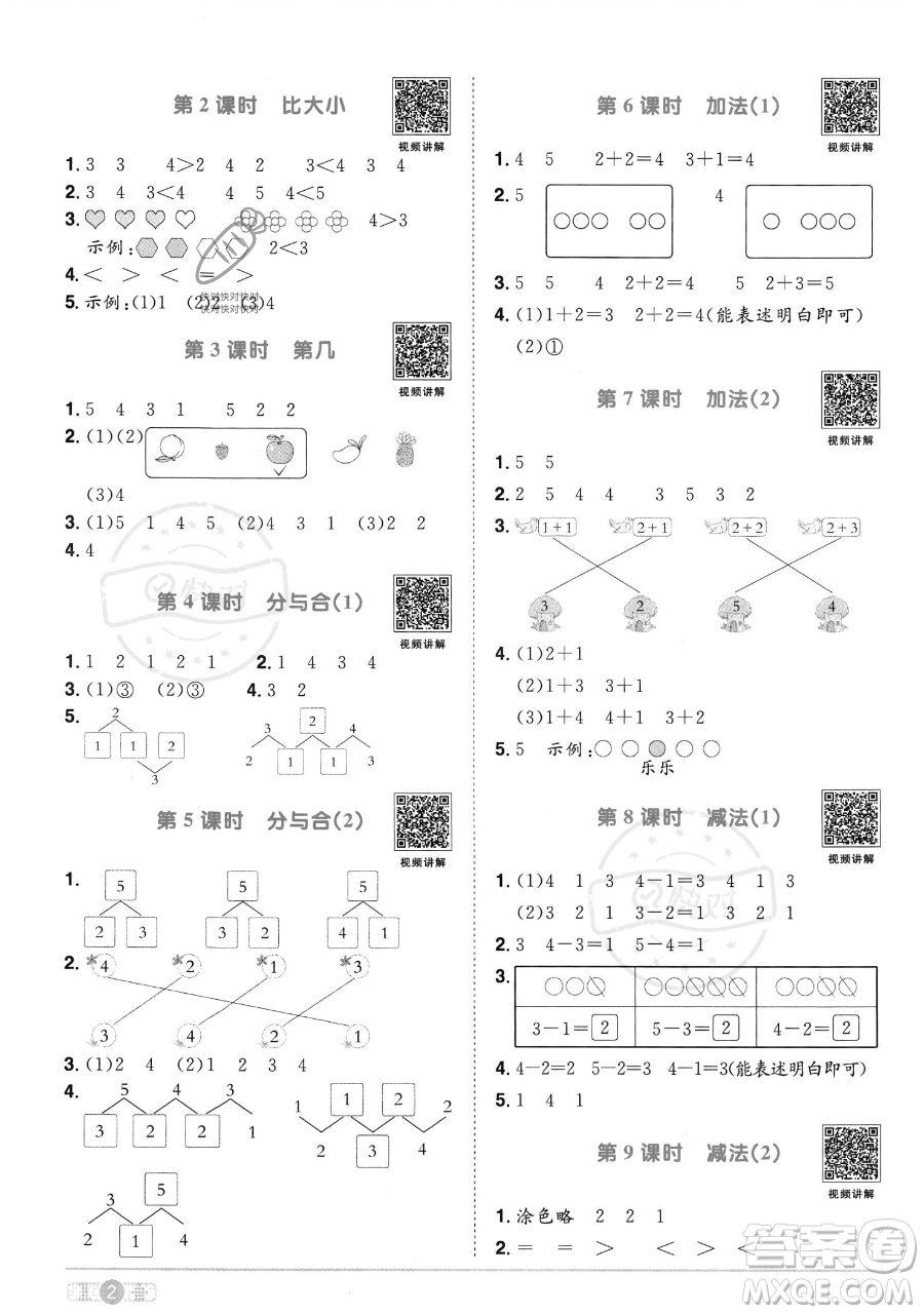 江西教育出版社2023年秋季陽(yáng)光同學(xué)課時(shí)優(yōu)化作業(yè)一年級(jí)上冊(cè)數(shù)學(xué)人教版答案