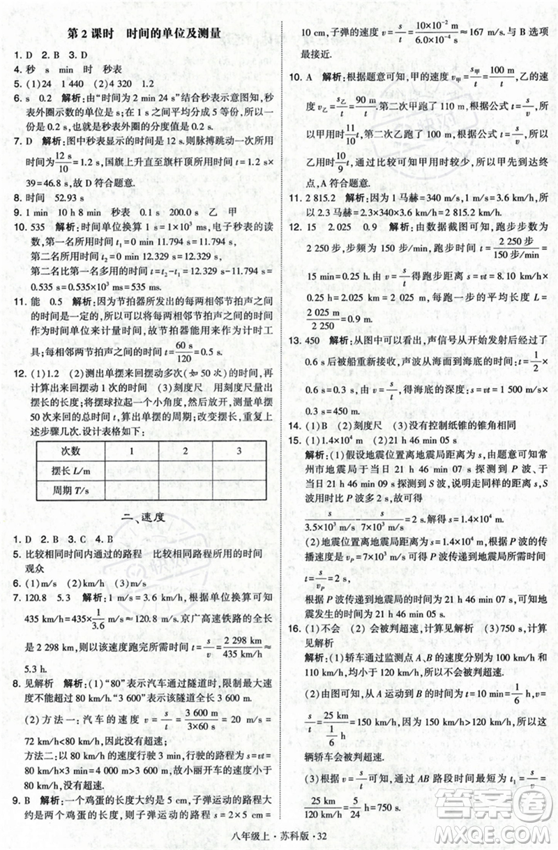 甘肅少年兒童出版社2023年秋季學霸題中題八年級上冊物理蘇科版答案