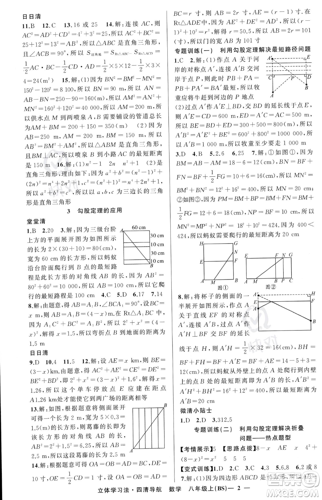 新疆青少年出版社2023年秋季四清導(dǎo)航八年級(jí)上冊(cè)數(shù)學(xué)北師大版遼寧專版答案