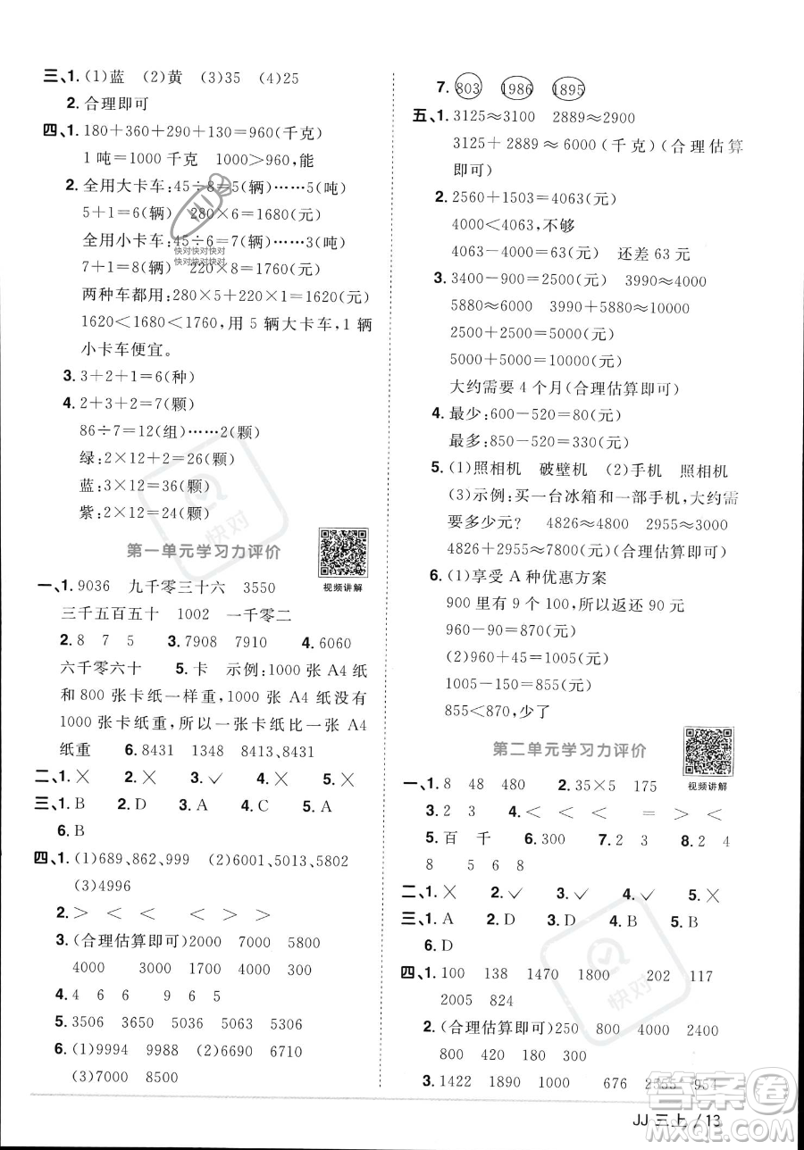 江西教育出版社2023年秋季陽(yáng)光同學(xué)課時(shí)優(yōu)化作業(yè)三年級(jí)上冊(cè)數(shù)學(xué)冀教版答案