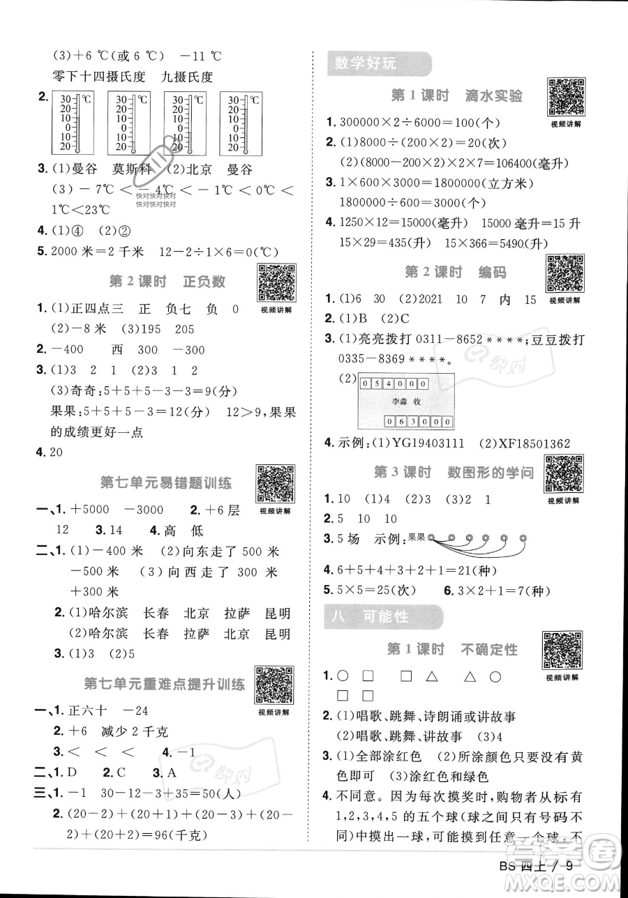 江西教育出版社2023年秋季陽光同學(xué)課時(shí)優(yōu)化作業(yè)四年級上冊數(shù)學(xué)北師大版答案