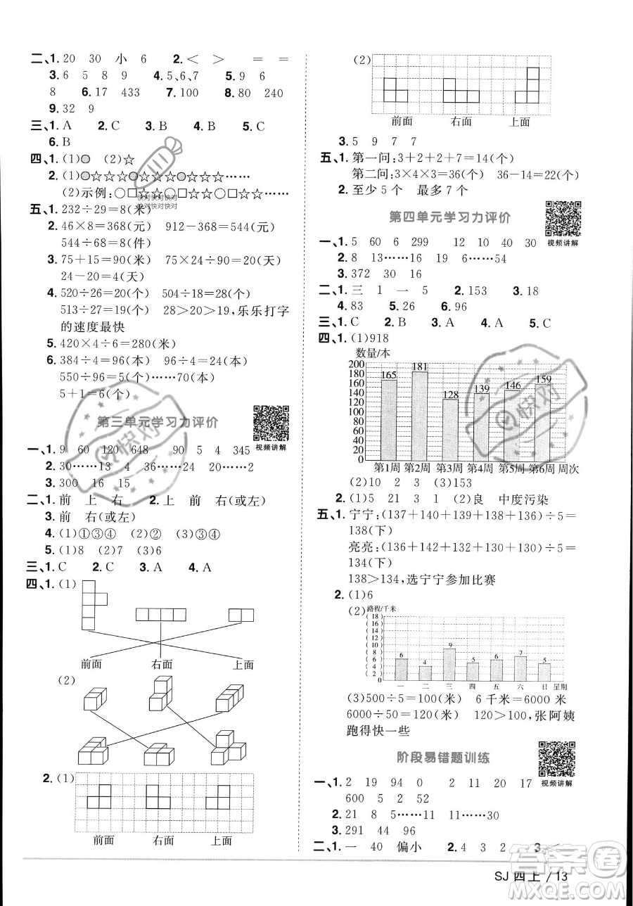 江西教育出版社2023年秋季陽光同學課時優(yōu)化作業(yè)四年級上冊數(shù)學蘇教版答案