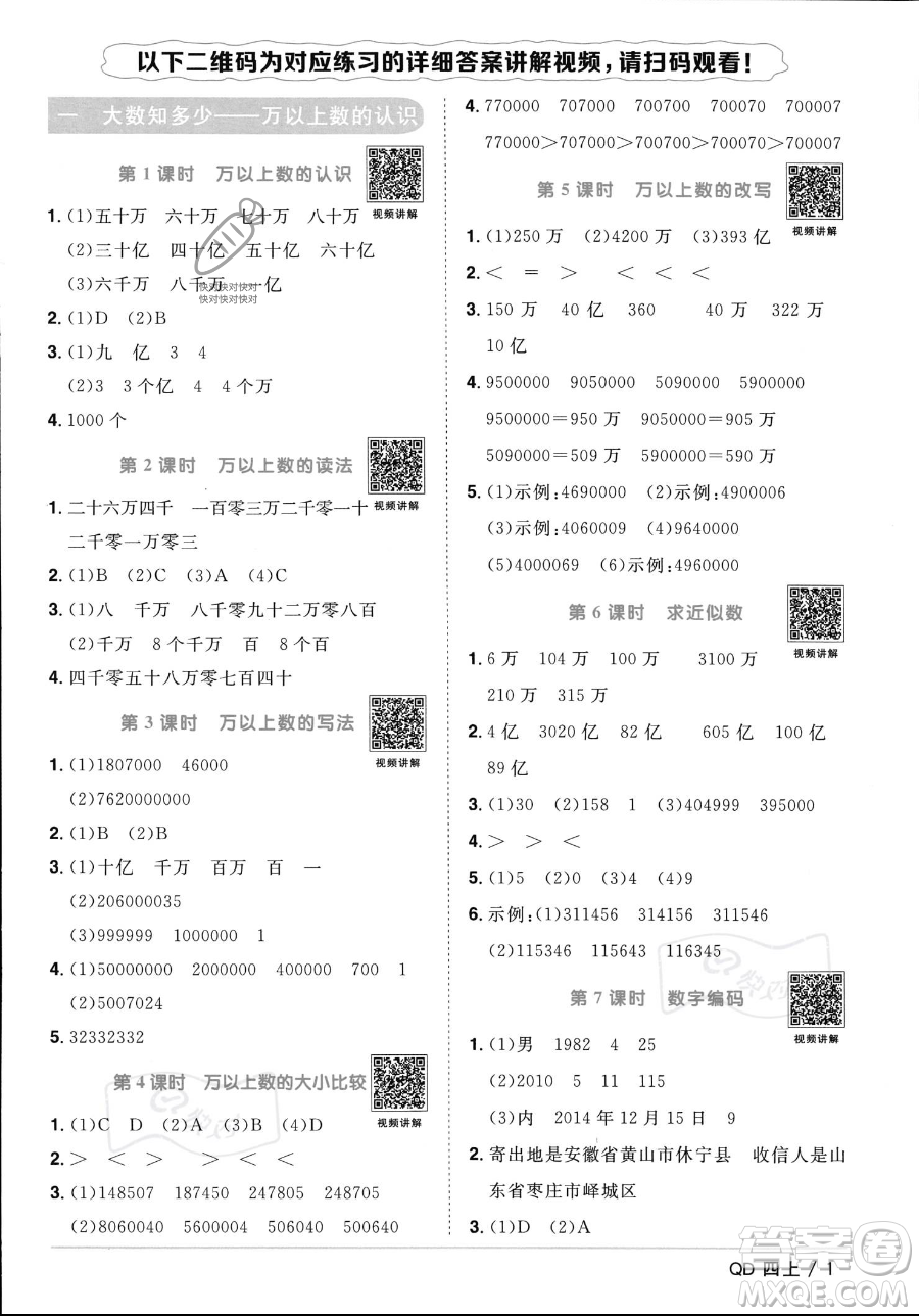 江西教育出版社2023年秋季陽(yáng)光同學(xué)課時(shí)優(yōu)化作業(yè)四年級(jí)上冊(cè)數(shù)學(xué)青島版答案