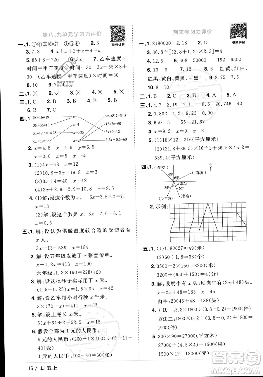 江西教育出版社2023年秋季陽光同學(xué)課時優(yōu)化作業(yè)五年級上冊數(shù)學(xué)冀教版答案