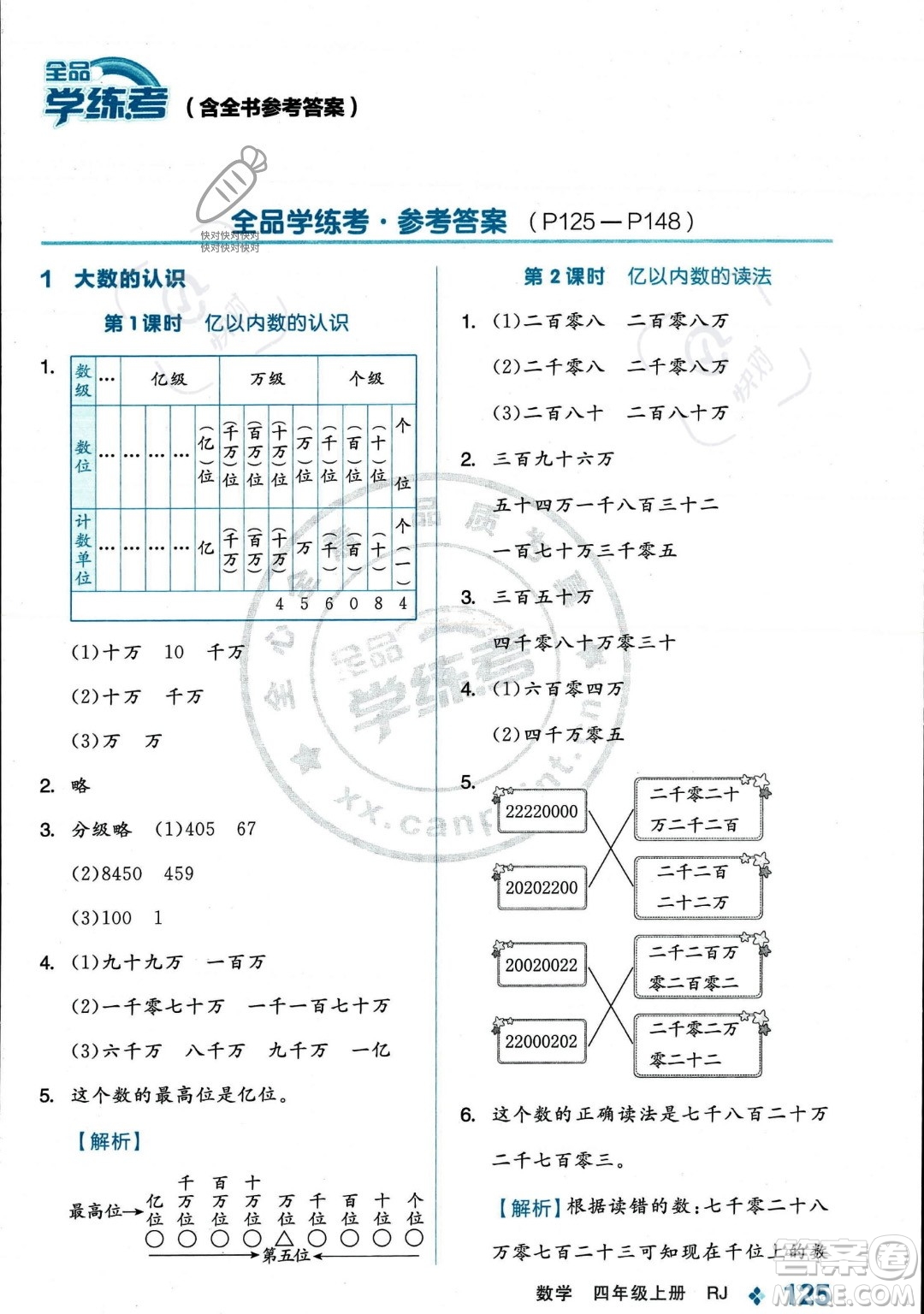 開明出版社2023年秋季全品學練考四年級上冊數(shù)學人教版答案