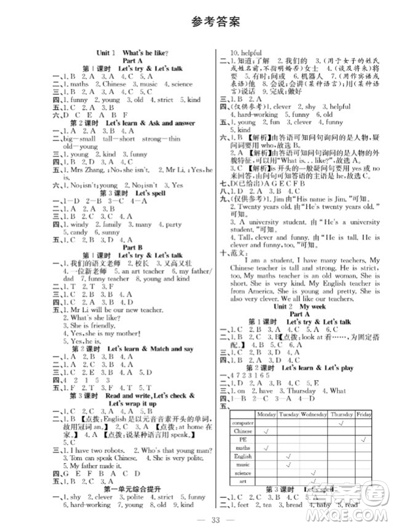 合肥工業(yè)大學出版社2023年秋課堂制勝課時作業(yè)五年級英語上冊人教版參考答案