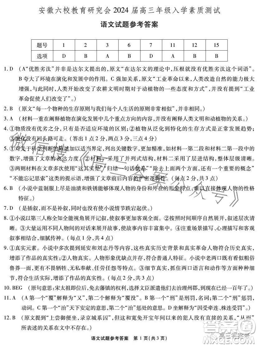 安徽六校教育研究會(huì)2024屆高三年級(jí)入學(xué)素質(zhì)測(cè)試語(yǔ)文試題答案