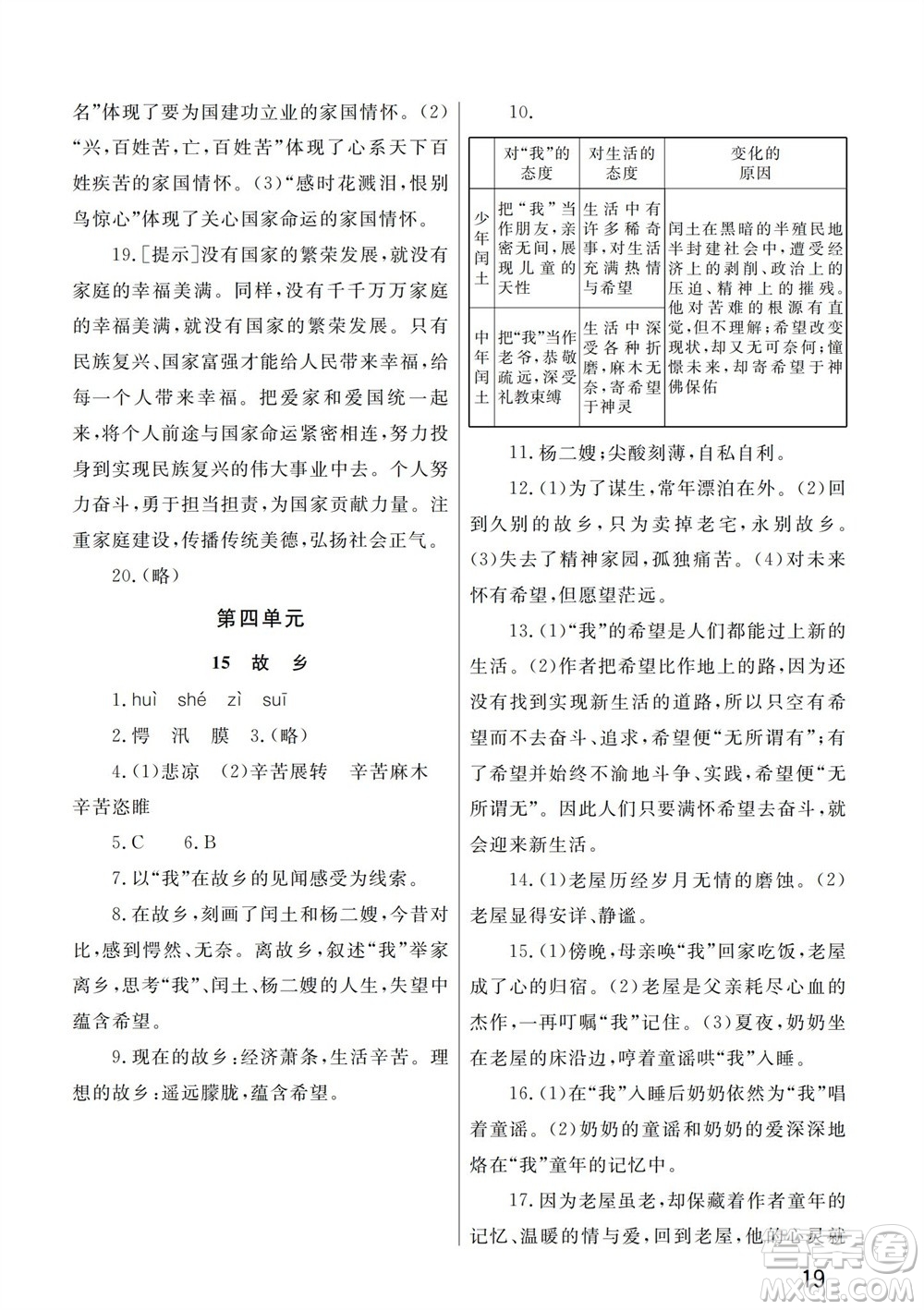 武漢出版社2023年秋智慧學習天天向上課堂作業(yè)九年級語文上冊人教版參考答案