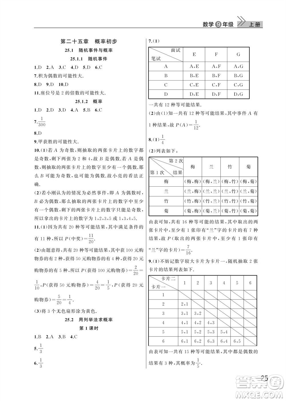 武漢出版社2023年秋智慧學(xué)習(xí)天天向上課堂作業(yè)九年級(jí)數(shù)學(xué)上冊(cè)人教版參考答案