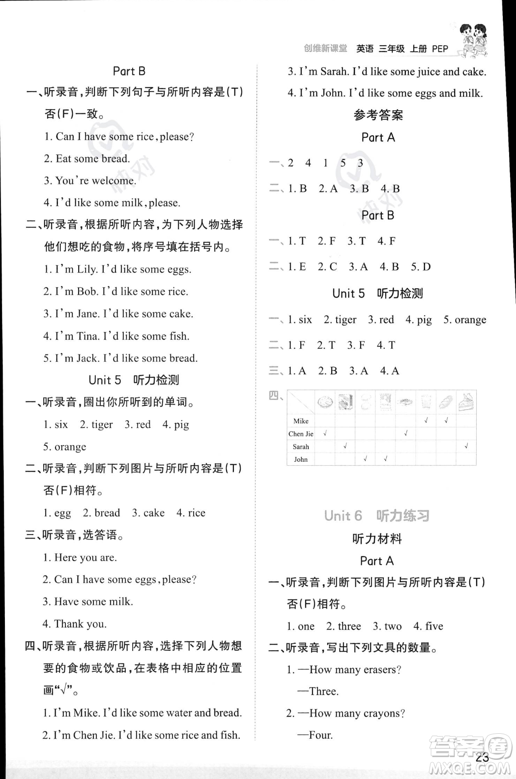 江西人民出版社2023年秋王朝霞創(chuàng)維新課堂三年級上冊英語人教PEP版答案